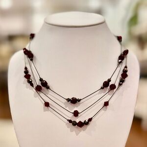 Ann Taylor Multi Strand Gun Metal & Maroon/Burgundy Beaded Statement Necklace